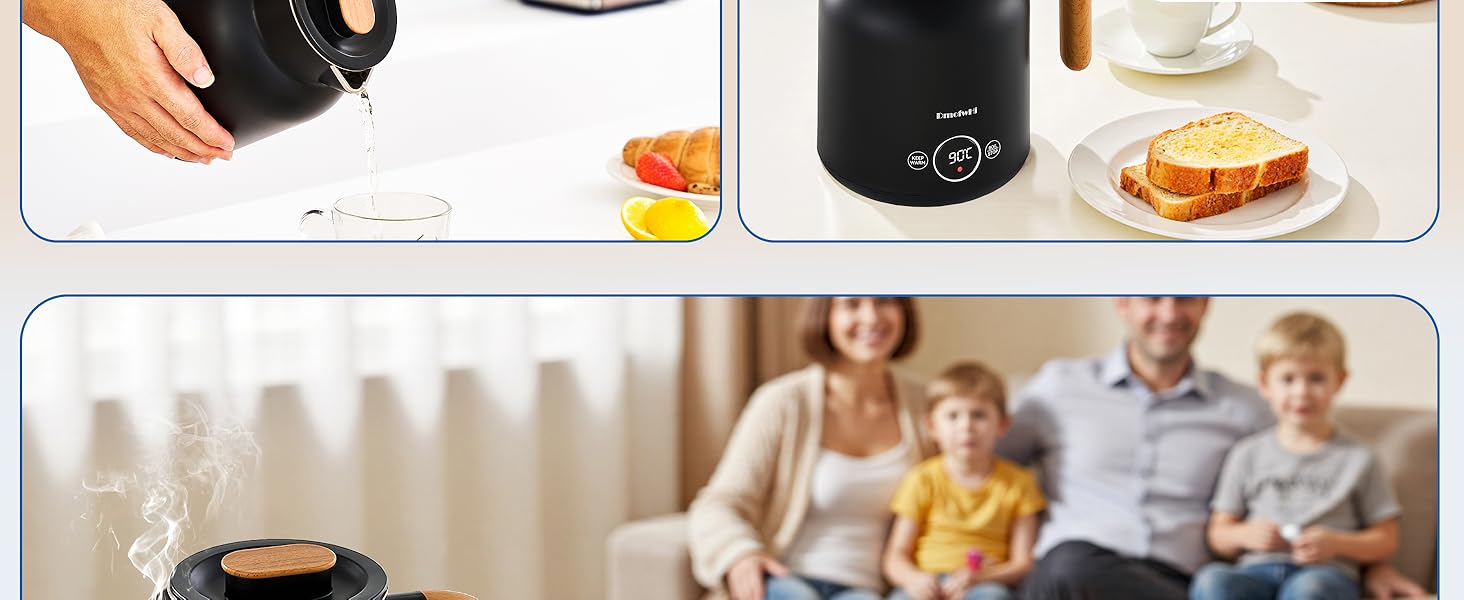 Електричний чайник з регулюванням температури DmofwHi, 1.0л, 1000W, з LED-індикатором, подвійні стінки, без BPA, автоматичне вимкнення та захист від сухого кип'яття (чорний)