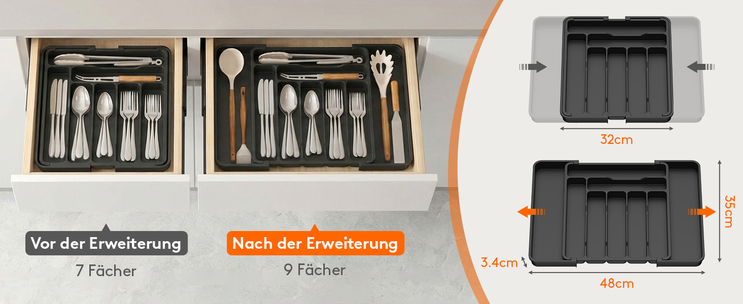 Органайзер для столових приборів Lifewit в шухляду, розсувний, 7-9 відділень, 35-48 см, чорний