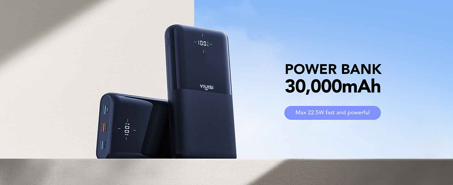Power Bank VIYISI 30000mAh з LED дисплеєм, 20W PD, 4 виходи та 3 входи, сумісний з iPhone/iPad/Samsung/Huawei