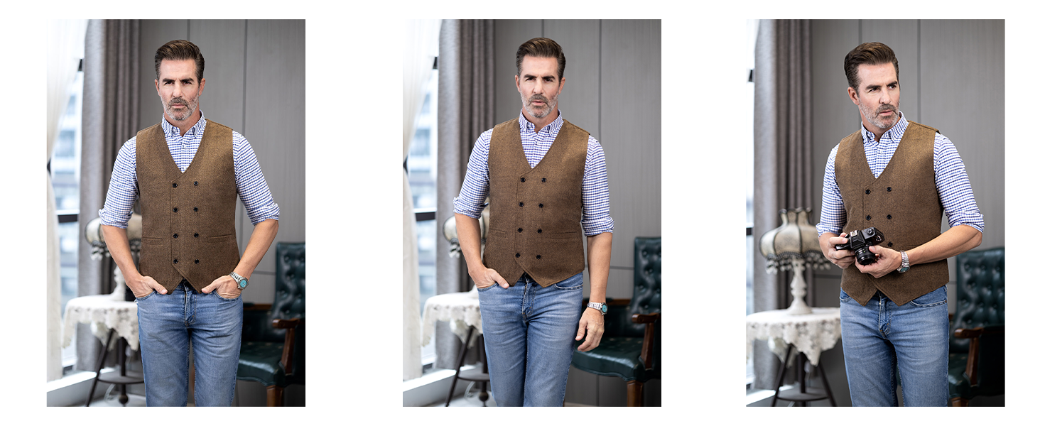 Костюм-двійка чоловічий вінтажний Solovedress: жилет та костюмний піджак з вовни твіду, сірий, для весілля та наречених