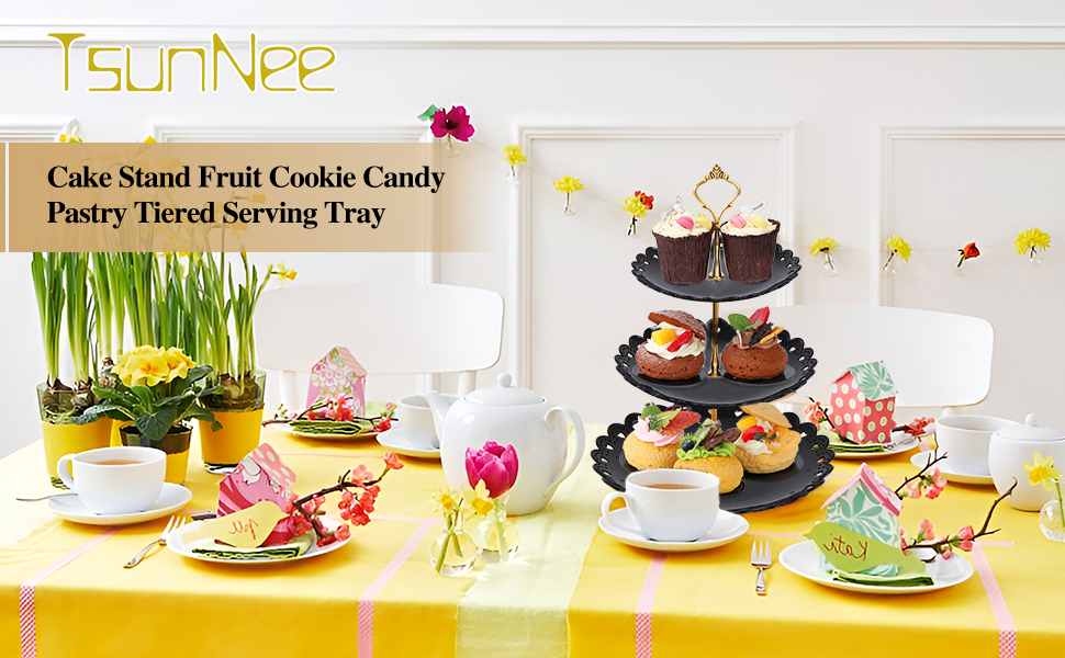 Трирівнева підставка для капкейків, десертів, фруктів, печива, цукерок. Підставка для сервірування на вечірку, весілля, день народження, дитячий свято (пластик, чорний та білий)