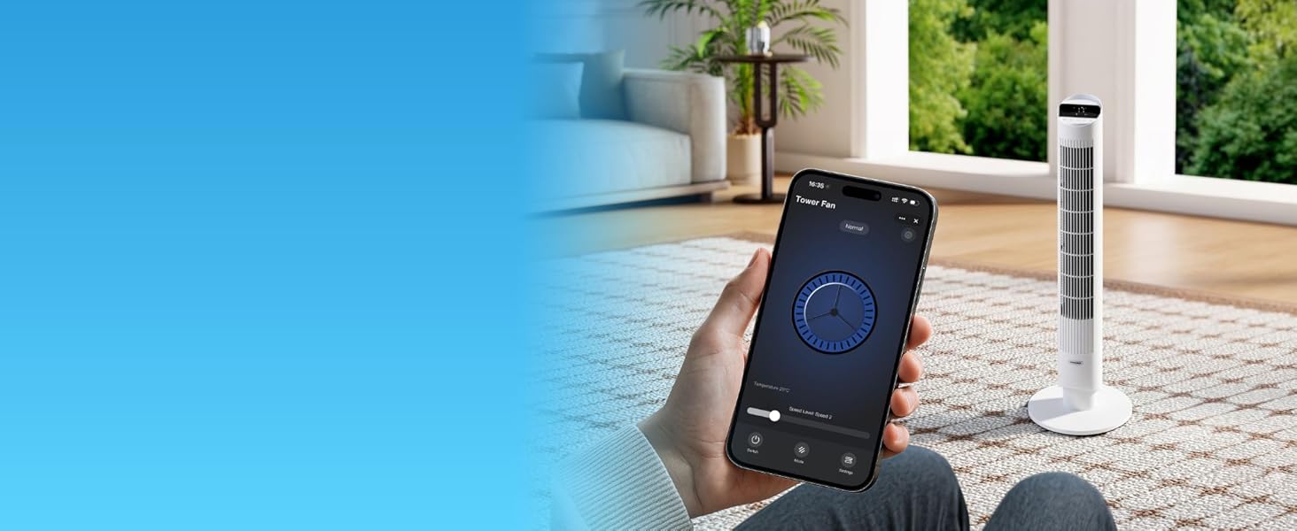 VonHaus Турмовентилятор 102 см, Електричний вентилятор зі WiFi, Управління Alexa/Google Home, Пульт, Таймер 12 год, Обертання 70°, для дому та офісу, Білий