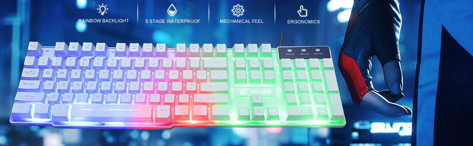 Ігровий набір клавіатури, навушників та миші: клавіатура 104 клавіші з підсвічуванням Rainbow, миша 2400DPI, навушники 7.1 Surround Sound RGB, легка конструкція, комбо для PS4/Xbox (потрібен адаптер), білий колір