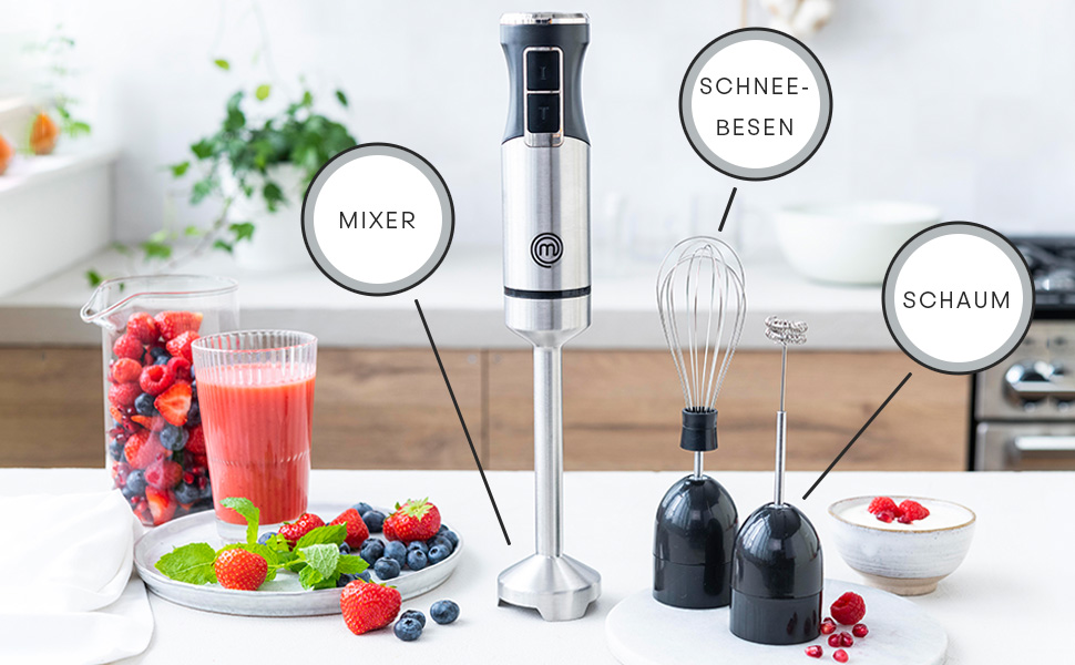 Стаціонарний блендер MasterChef Stabmixer 3-в-1 з нержавіючої сталі: блендер, міксер, вспениватель молока. 400W, 2 швидкості, миється в посудомийній машині