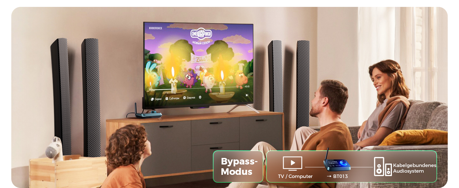 SOOMFON Bluetooth 5.0 Передавач-Приймач: Підключення 2 навушників до TV, PC, Stereo. Низька затримка, регулювання гучності, Aux/RCA/Оптичний