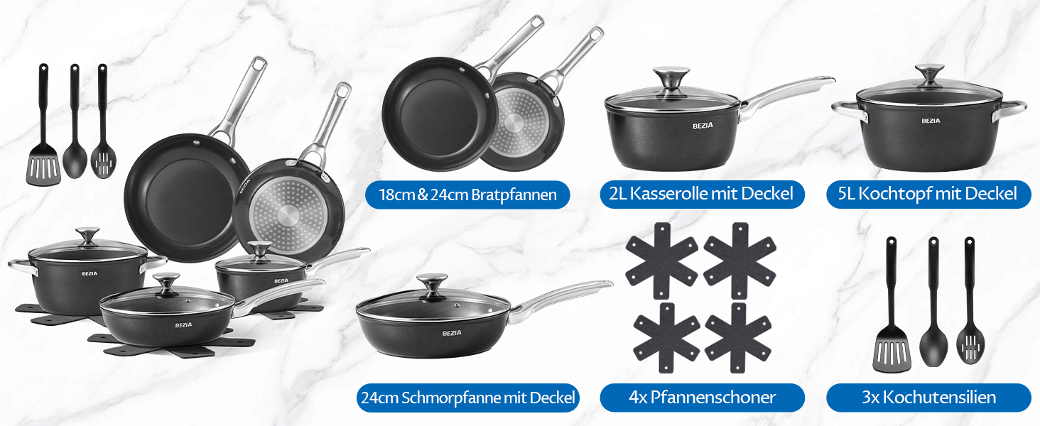 Набір посуду BEZIA індукційний 15 предметів: каструлі та сковороди з керамічним покриттям, кришки в комплекті, антипригарні, для всіх типів плит, без PFAS, легке очищення