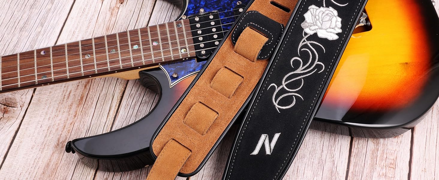 Гітарний ремінь Nefelibata з вишивкою троянд, 2.7', подвійний, з баварської шкіри, з пінополіуретановим наповнювачем, для акустичної, бас та електрогітари