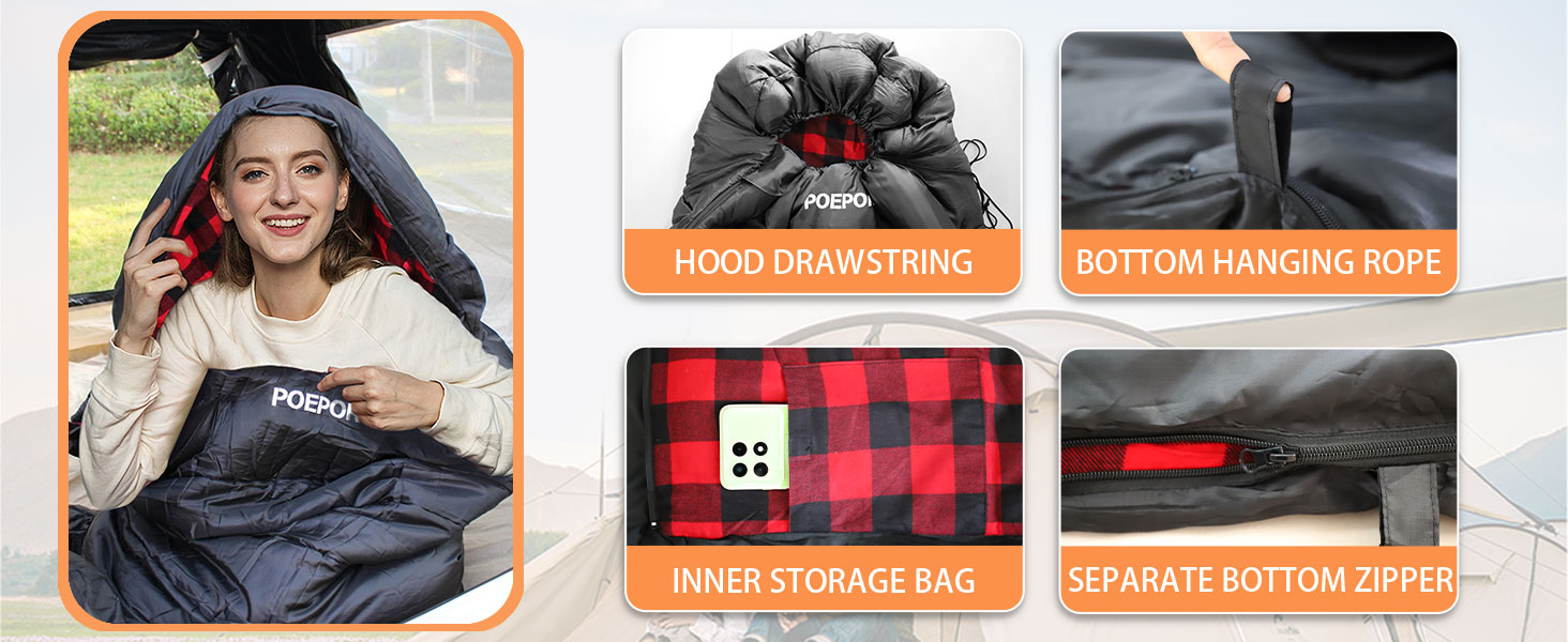 Спальний мішок Poepore Outdoor Winter для дорослих, Extra Wide, 3-4 сезони, XXL, теплий, бавовна, фланель, для кемпінгу, походів, пригод, 230*100 см, 0°C (Червоний, -6°C)