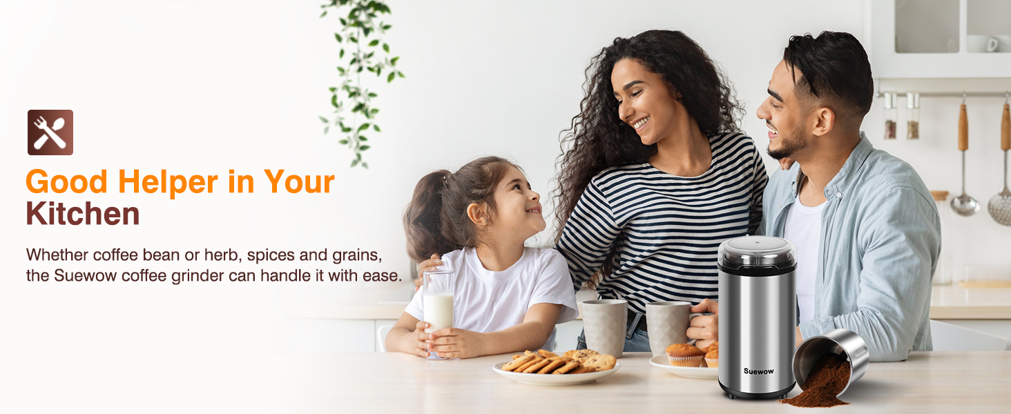 Електрична кавомолка Suewow: потужний 200W мотор, для кави, спецій, горіхів. Багатофункціональна, велика ємність (срібна)