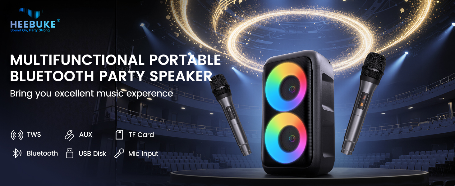 Караоке машина з 2 бездротовими мікрофонами Bluetooth 2x10W – портативна колонка з TWS/AUX/USB/FM для TV, смартфону та планшету. Ідеально для вечірок, днів народження та подорожей (Mic2)
