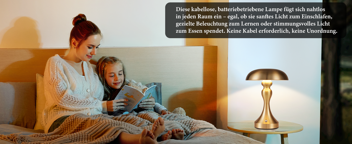 Бездротова настільна лампа з LED-підсвічуванням - торшер на акумуляторі, сенсорне керування, регулювання яскравості, вінтажний дизайн, USB-зарядка, нічник для спальні/вітальні, золото/бронза