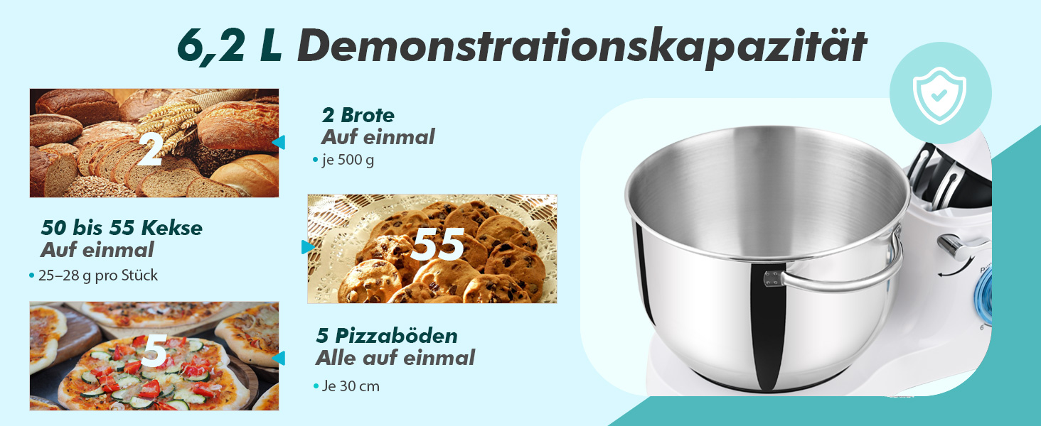 Кухонна машина Küchenmaschine 6.2 л, 1400 Вт, 6 швидкостей, з набором насадок (міксер, гак для тіста)