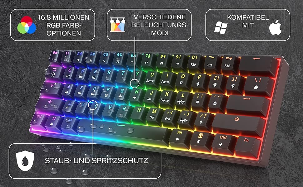 Механічна клавіатура HK Gaming GK61: 61 програмовані клавіші, RGB підсвітка, сумісна з Windows/Mac, QWERTY, Hotswap, перемикачі Gateron (чорний/білий)
