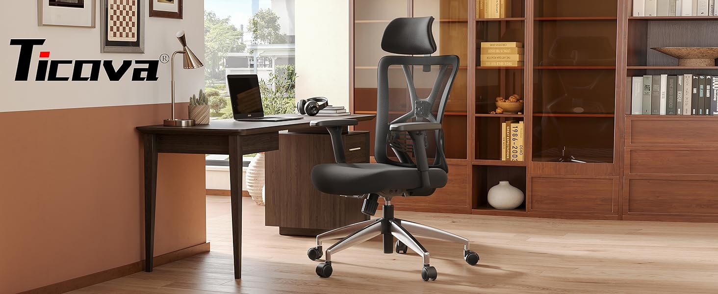 Ticova Ergonomic Office Chair - Adjustable Lumbar Support, Headrest & 3D Armrests