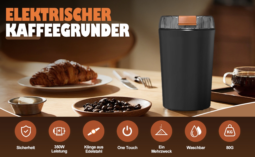 Електрична кавомолка 80г, потужний 350W двигун для кави та спецій, з регулюванням помелу, портативна, з щіткою для чищення, нержавіюча сталь, чорний