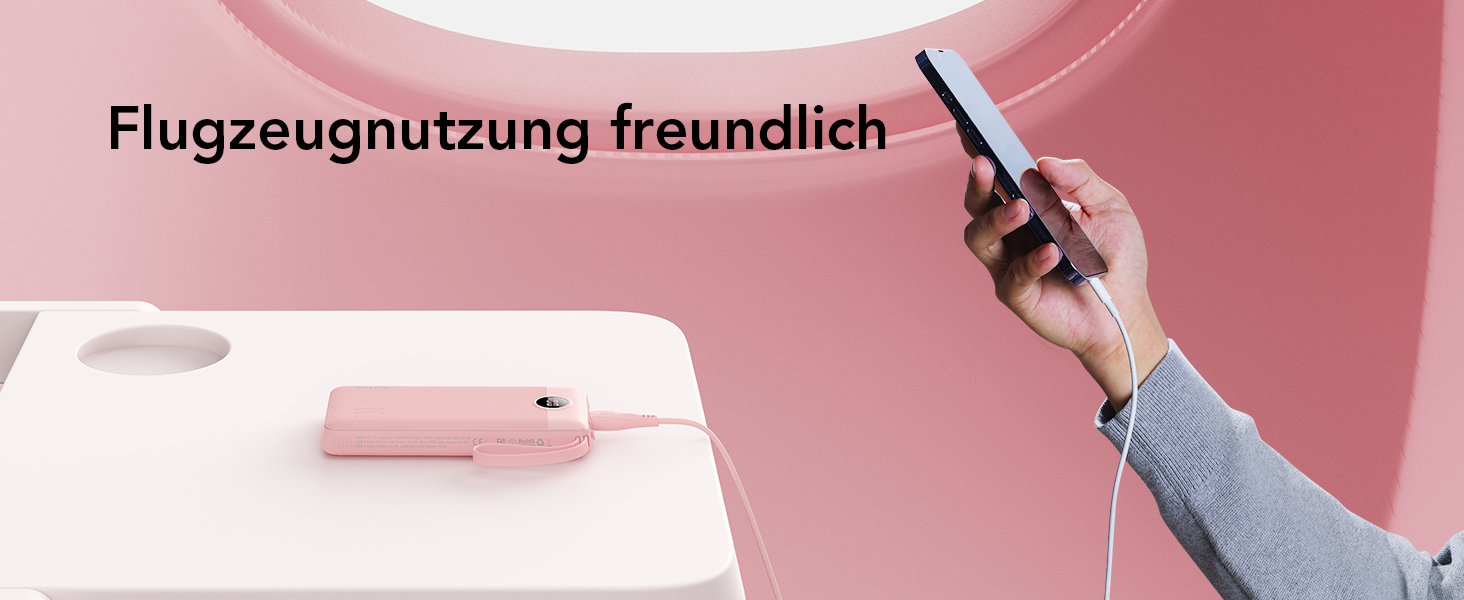 Powerbank VRURC 10000mAh з кабелем: портативний зарядний пристрій USB-C з LED дисплеєм та 5 виходами для iPhone, Huawei, Samsung та інших смартфонів - Рожевий