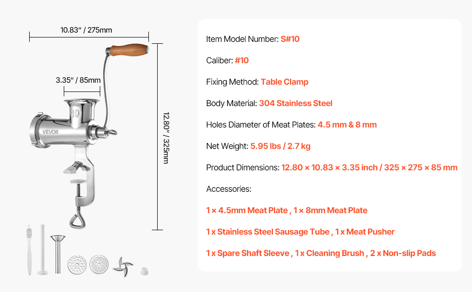 М'ясорубка ручна VEVOR з нержавіючої сталі, з присоскою та насадками для ковбас, для дому, кухні, ресторану, м'ясного магазину #10