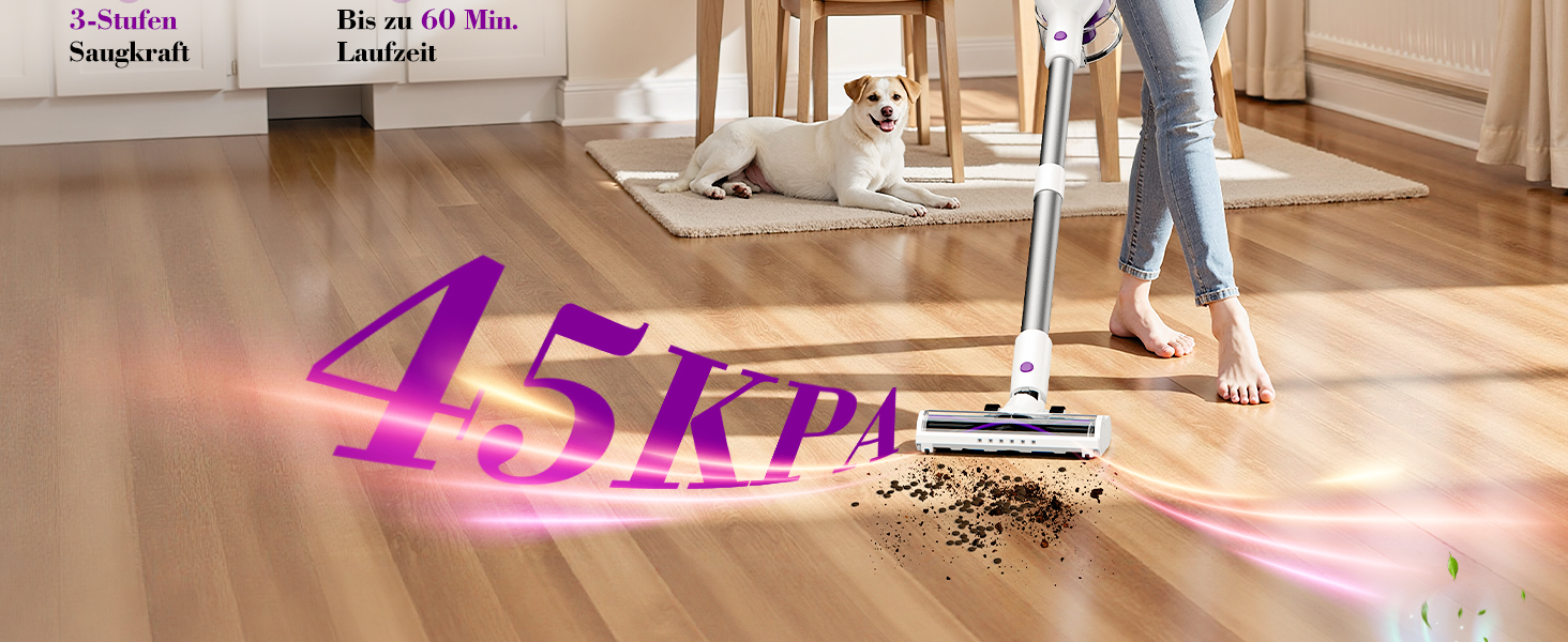 Бездротовий акумуляторний пилосос 45000 Па, 60 хв, 1.75 кг, 6-в-1 з сенсорним екраном, LED-підсвічуванням, антизаплутувальною насадкою та зарядною станцією, 7-шарова фільтрація для шерсті тварин, килимів, твердих поверхонь, авто, білий з фіолетовим