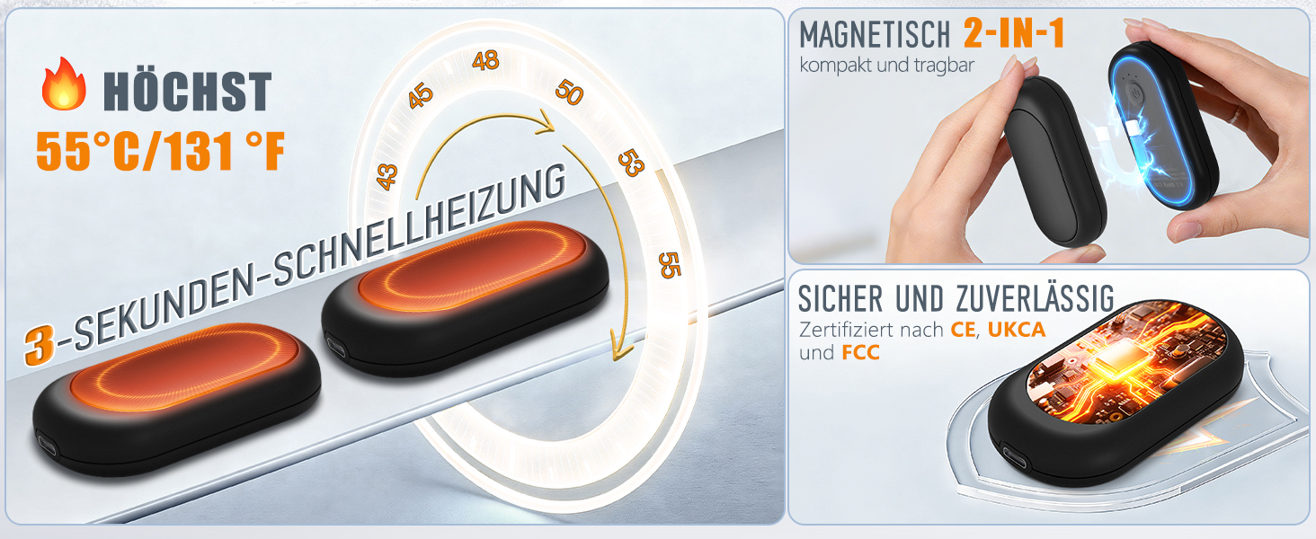 Електричні грілки для рук HOAMZ (2 шт.) з магнітом, безпечні та надійні. 3 режими нагріву до 55°C, швидкий нагрів за 3 секунди, компактні, ідеальні для рукавичок, подарунок для чоловіків та жінок