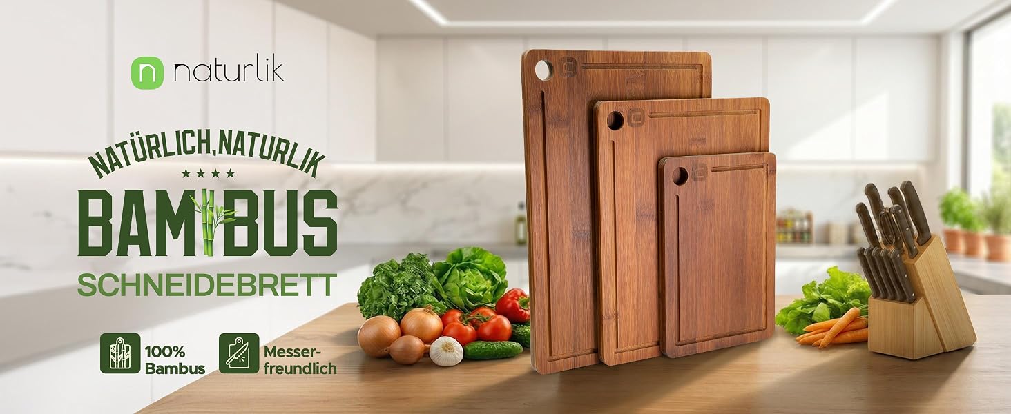 Велика бамбукова дошка для нарізання Naturlik XXL 45x30 см, карбонізована дерев'яна кухонна дошка з жолобом для соку та ручками для м'яса, овочів та хліба, набір 3 шт.