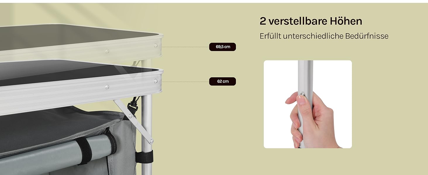 Складний алюмінієвий кемпінговий стіл-шафа WOLTU з регульованою висотою, чорно-сірий. Меблі для пікніка, пляжу, саду.