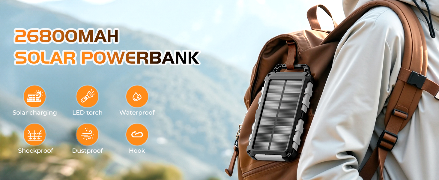 Портативний сонячний павербанк 26800mAh з LED ліхтариком, водонепроникний, 3 виходи USB, PD 15W, для кемпінгу та гаджетів (темно-сірий)