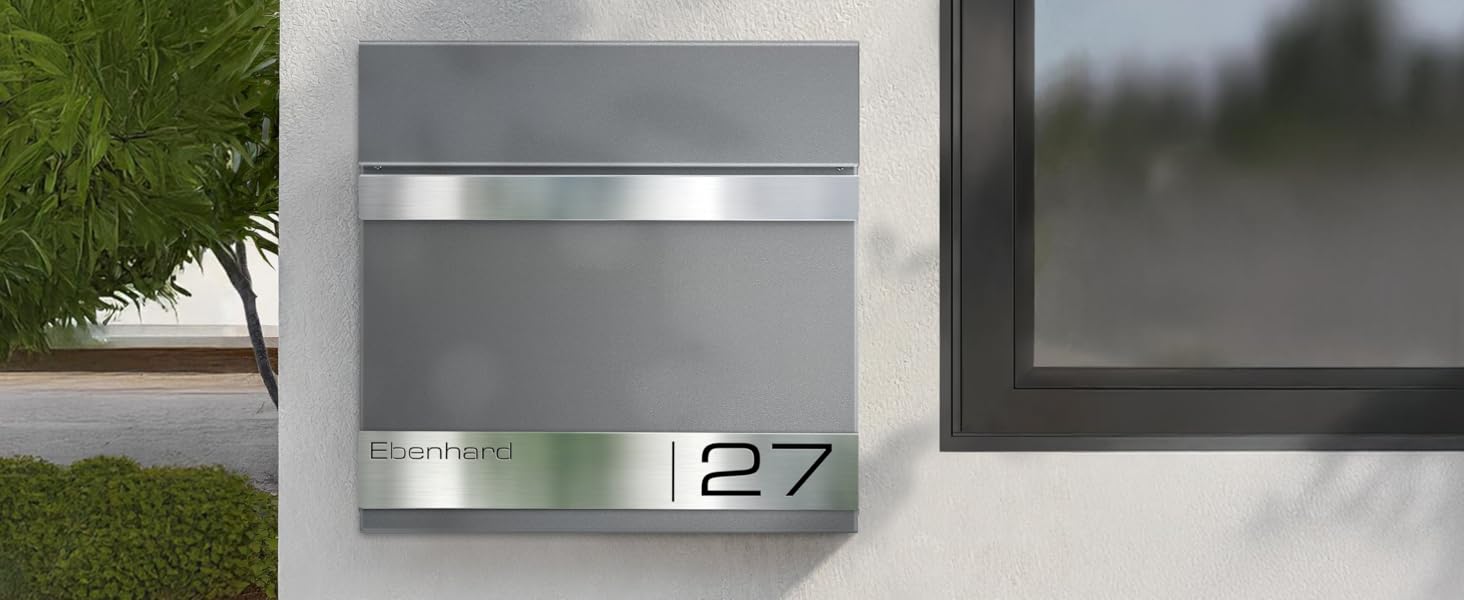Поштова скринька Metzler Premium з газетницею Anthrazit, персоналізована з табличкою для імені, високоякісна настінна з нержавіючої сталі V2A з порошковим покриттям RAL 7016, модель Stencil (сірий алюміній)