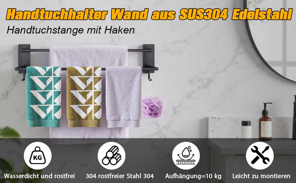 Тримач для рушників без свердління, 60 см, самоклеючий, з гачками, нержавіюча сталь, вологостійкий, для ванної кімнати та кухні (Чорний, 40 см)