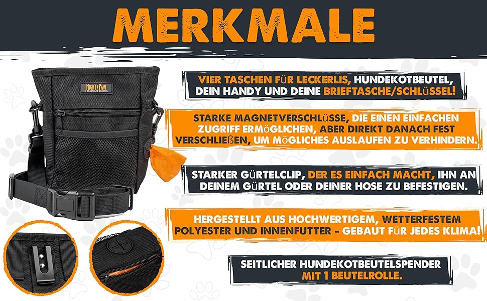 Сумка для ласощів Mighty Paw для собак: навчання та тренування | Зручна сумка для ласощів на руці для собак | Оранжево-чорна