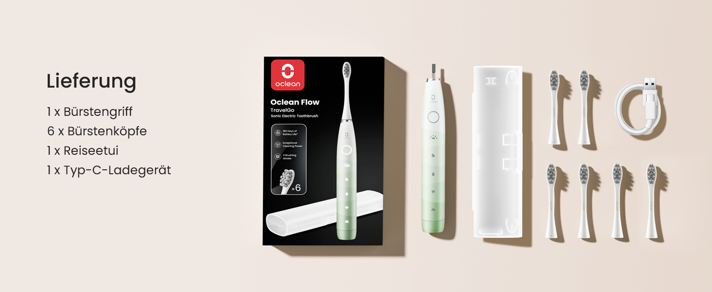 Oclean Flow - електрична звукова зубна щітка, 180 днів роботи акумулятора, 5 режимів, IPX7, таймер 2 хв, зелена