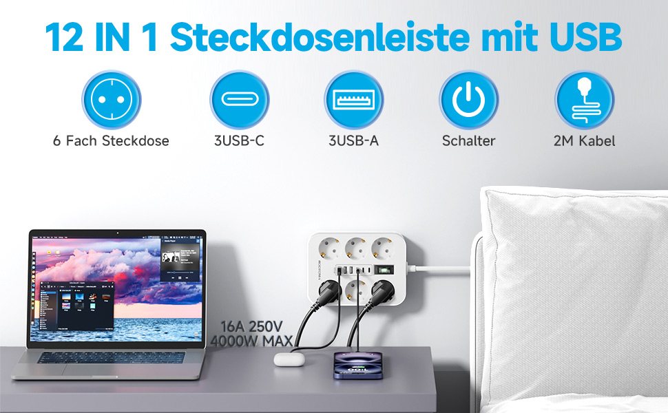 Мережевий фільтр 6-фазовий з USB (3 USB-A, 3 USB-C), з вимикачем та 2м кабелем, захист від перенапруги, чорний (2м білий)