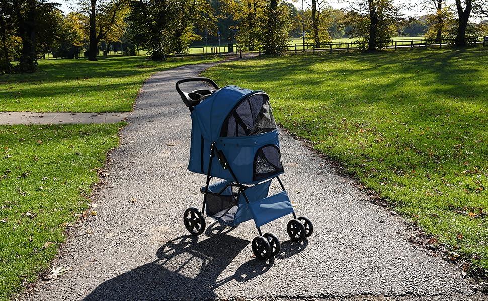Трансформер для тварин Monster Shop з сумкою, знімний, складний, до 15 кг, колеса, гальма, сітчасте вікно, кошик, тримач для напоїв, кишені та водонепроникний захист від дощу (Морська синя)