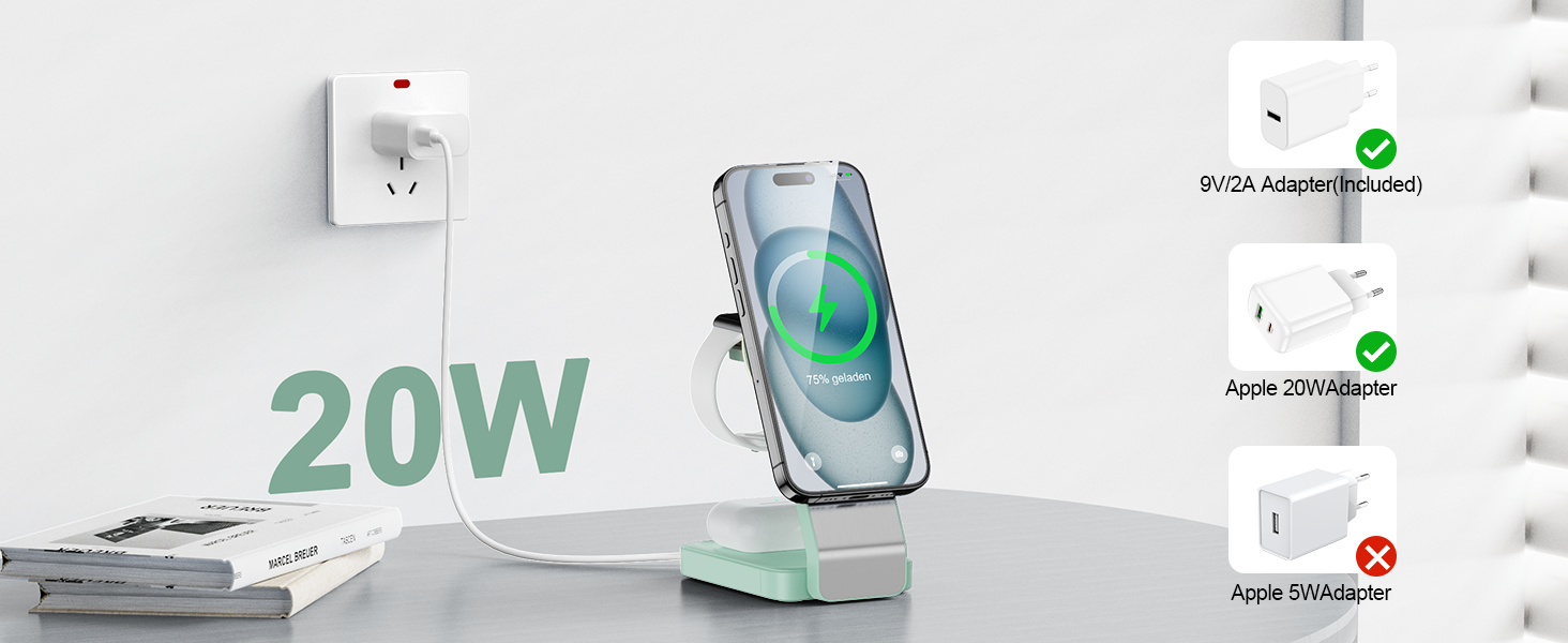 3-в-1 Станція Бездротової Зарядки з Індукцією для iPhone, Apple Watch та AirPods (Білий/Зелений)