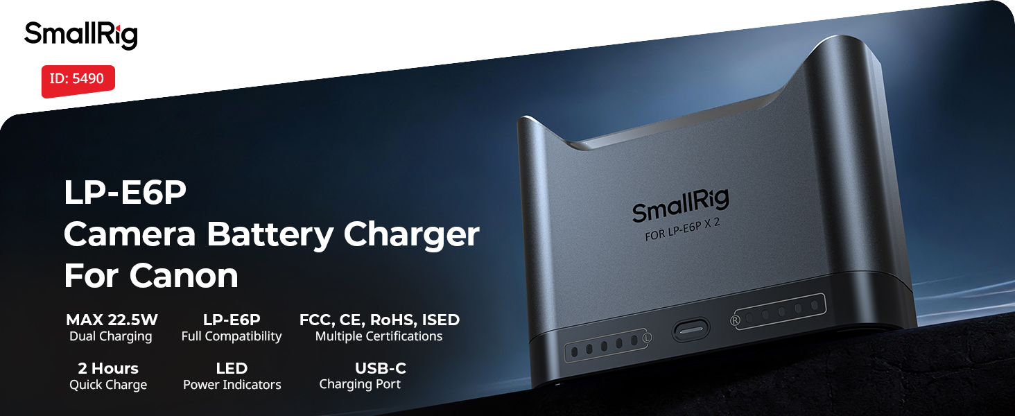 Зарядний пристрій SMALLRIG для акумуляторів Canon LP-E6P/LP-E6NH, подвійний, 22.5W USB-C, сумісний з Canon EOS R5 Mark II, R6 Mark II, R5, R6, R7, 5D Mark II та 5D Mark IV