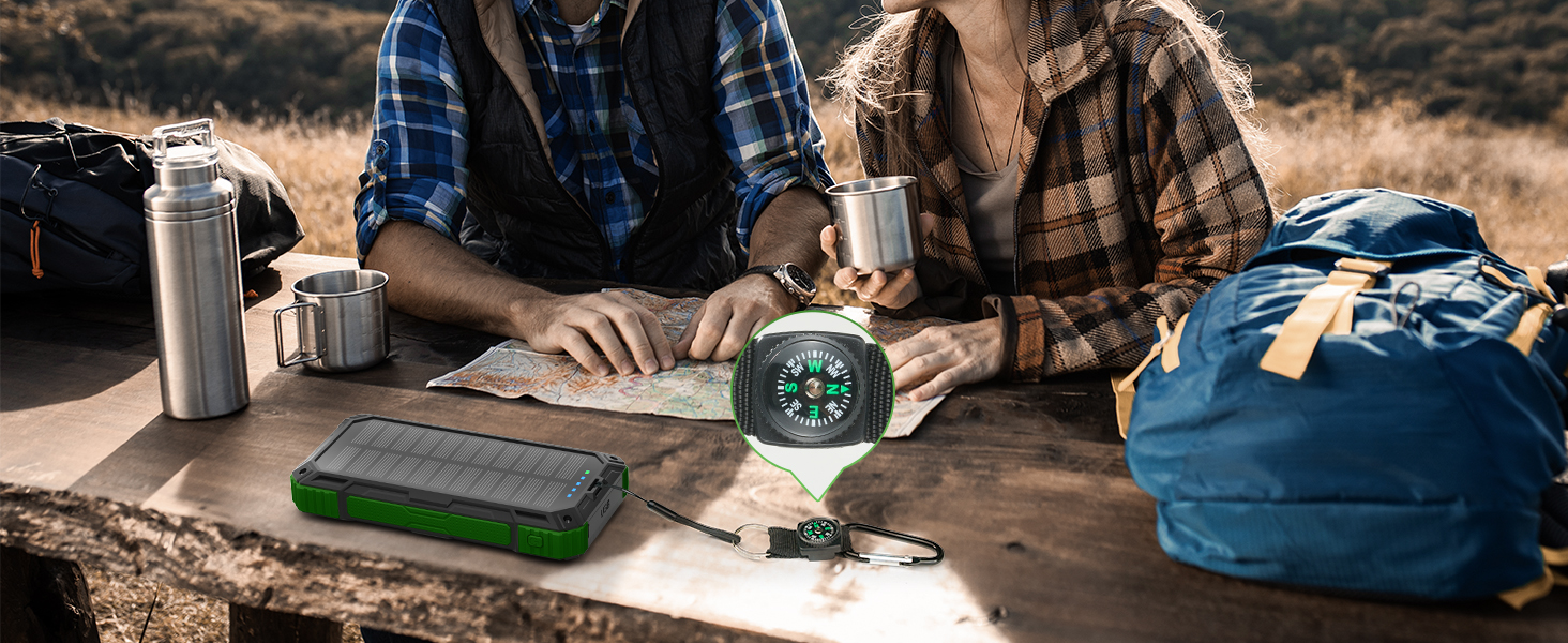 Портативний зарядний акумулятор Power Bank 56800mAh з сонячною панеллю, 30W, USB C, 6 виходів, SOS LED, компас, чорно-зелений