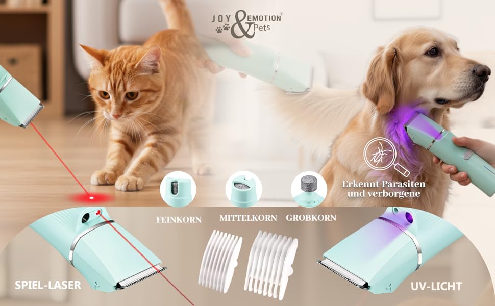 Машинка для стрижки тварин Joy & Emotion® 6-в-1: для котів та маленьких собак, з лазером та УФ-світлом, бездротова, тиха