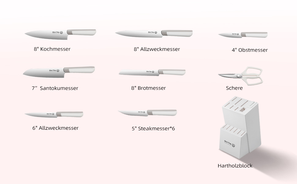 Набір кухонних ножів Qianying з блоком: 14 предметів, нержавіюча сталь, з точилкою, срібний колір, подарунок для мами