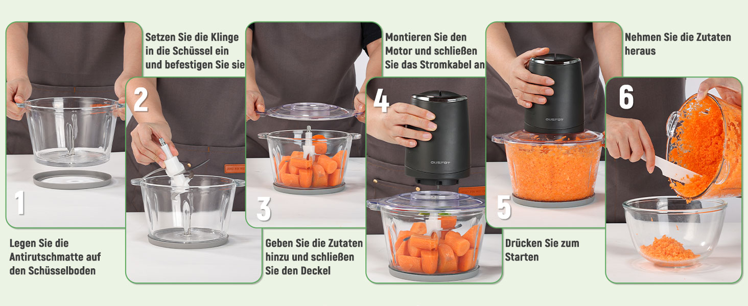 Електричний подрібнювач OUSFOT Multizerkleinerer, 1.8L, 500W, з скляною чашею. Підходить для овочів, фруктів, м'яса. Чорний.