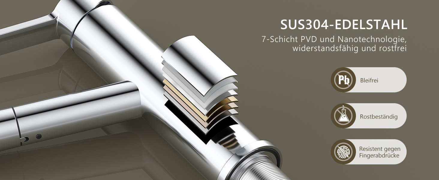 Змішувач кухонний DAYONE з висувною лійкою, нержавіюча сталь, 3 режими, 360° обертання, для кухонної мийки (15 см), матовий (хром, низький вигин-337)