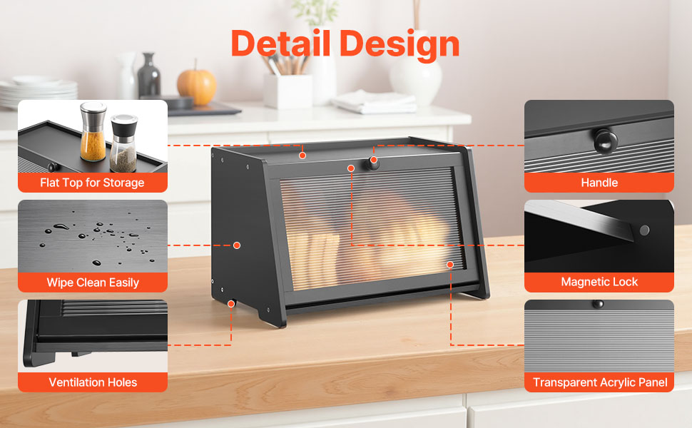 Дерев'яна коробка для хліба VEVOR: органайзер для зберігання з акриловою кришкою, чорний