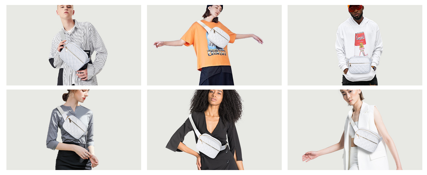 Жіноча бананка Jueachy: водонепроникна сумка через плече з ромбічним візерунком, 4 кишені на блискавці, для активного відпочинку та фестивалів (біла)