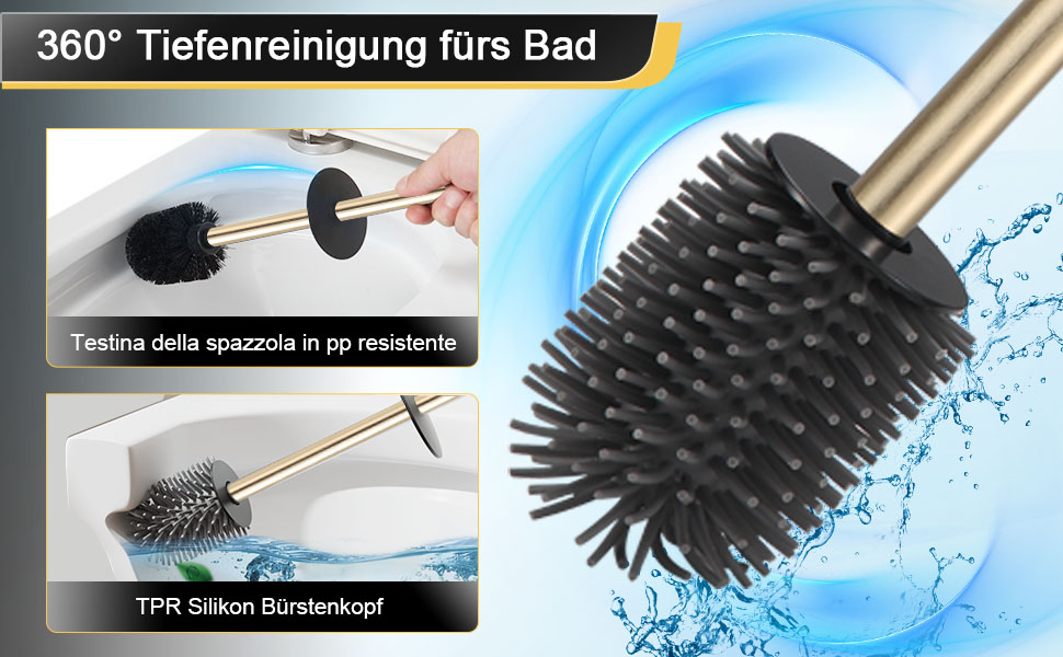 Підлогова щітка для унітазу DAZI з металевим покриттям, матова, з 2 довгими щітками для глибокого очищення, запобігає розбризкуванню та затримці води. (Бурштяне золото)