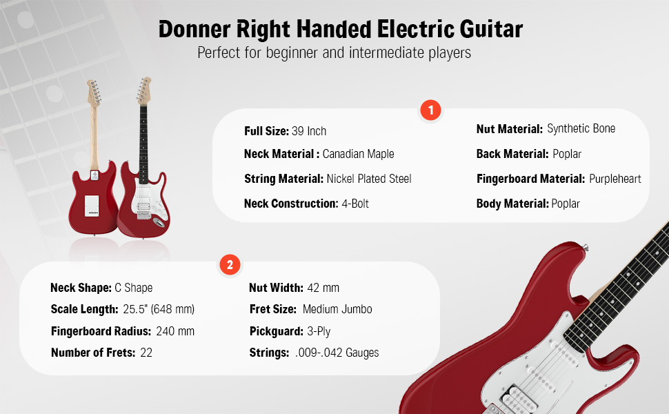 Електрогітара Donner 39 дюймів (праворука) з комплектом: підсилювач, чохол, каподастр, ремінь, струни, тюнер, кабель та медіатори (червоний) DST100-Rot
