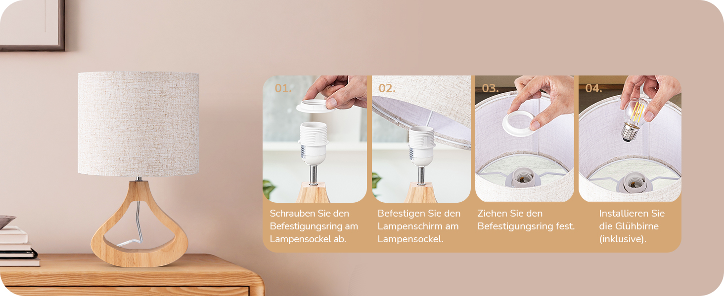 Дерев'яна приліжкова лампа EDISHINE з абажуром з льону, E27, для вітальні, спальні, в стилі кантрі [Енергоклас F]