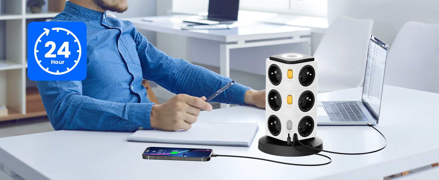 Багаторозетка Acodot Tower з USB, 12 розеток, захист від перенапруги, 4 вимикачі, нічник, 3 USB порти, кабель 3м, 2500W, для офісу, білий