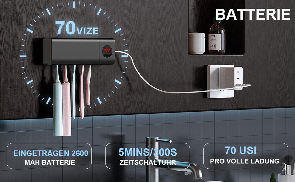 Стерилізатор зубних щіток DSHOW UV з таймером, бездротовий настінний, 2000mAh, білий/чорний