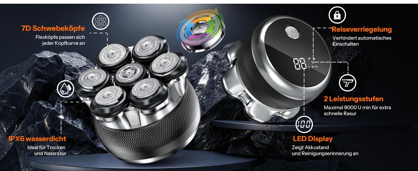 Машинка для гоління голови Yeerain 7D з плаваючими головками, 2 швидкості, акумуляторна, чорна