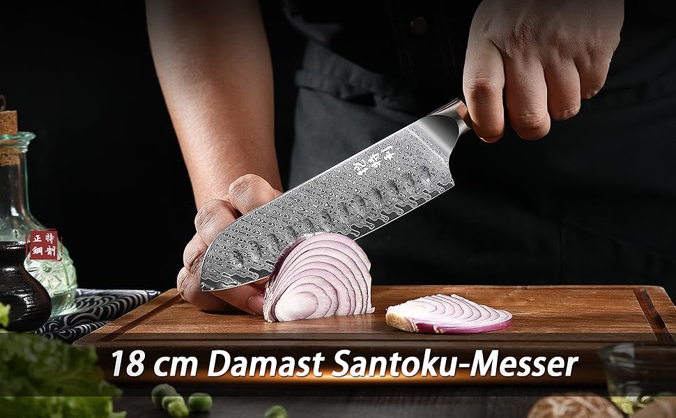 Ніж Kitory Damastmesser Pro 20см з лезом з 73 шарів дамаської сталі 10Cr15CoMoV, кухонний ніж Сантоку з ручкою з паккавуду