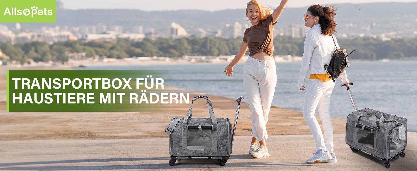 Переноска для тварин ALLSOPETS з колесами для котів та собак, схвалена для авіаперельотів, з висувним ручками, знімними колесами та плечовим ременем, сіра