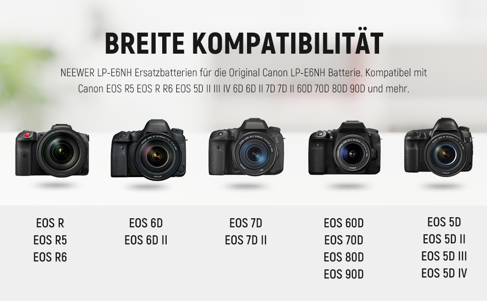 NEEWER Запасний акумулятор LP-E6 та зарядний пристрій, 3 шт., 2000mAh, сумісний з Canon EOS 5D Mark II/III/IV, 5D SR, 60D, 60Da, 6D, 70D, 7D